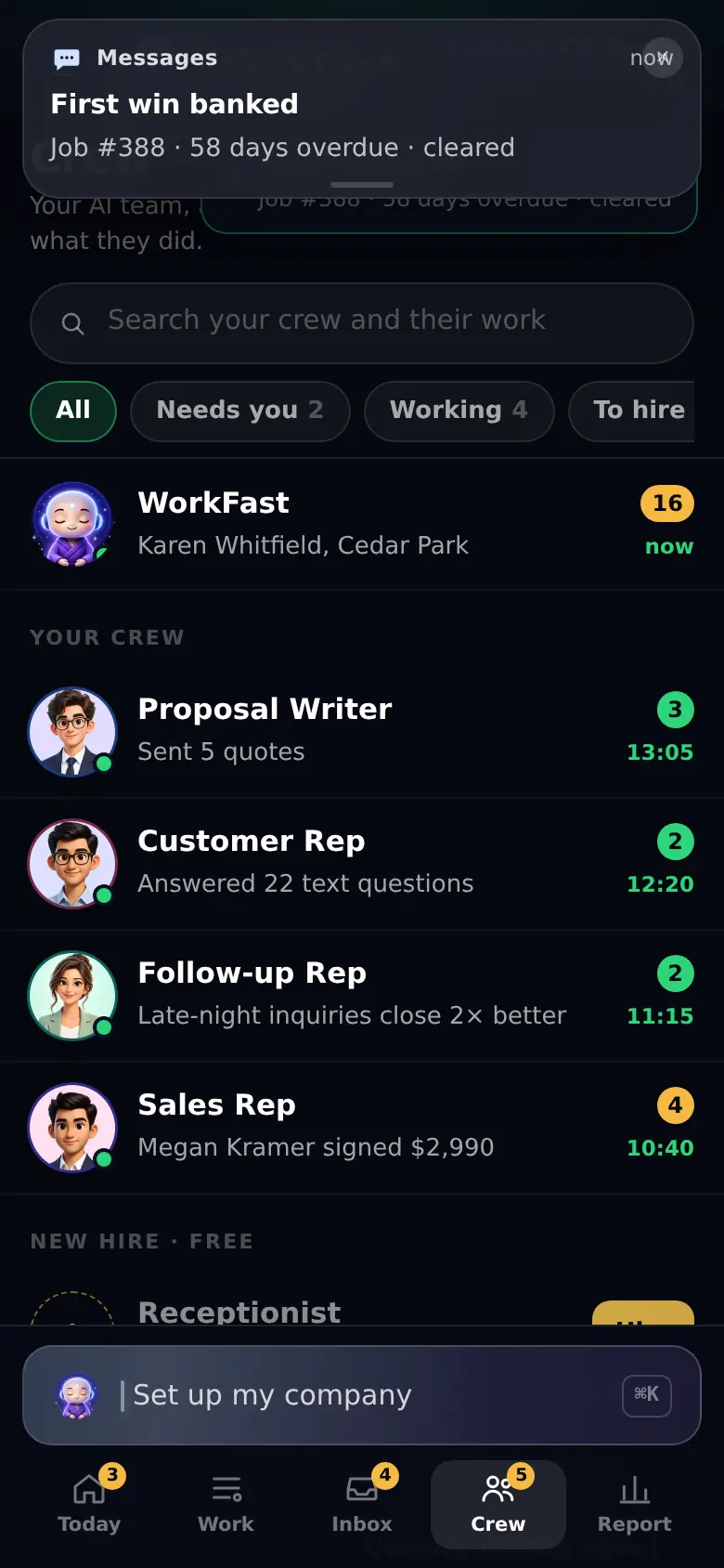The Crew tab: one thread per employee, the chief on top