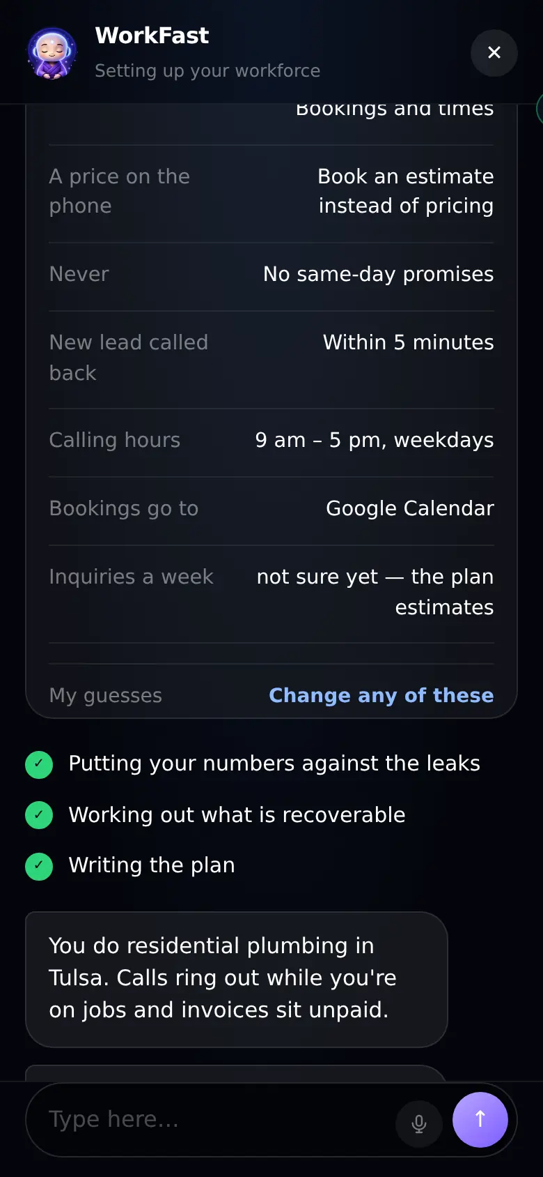 The plan, and every assumption with a Change button
